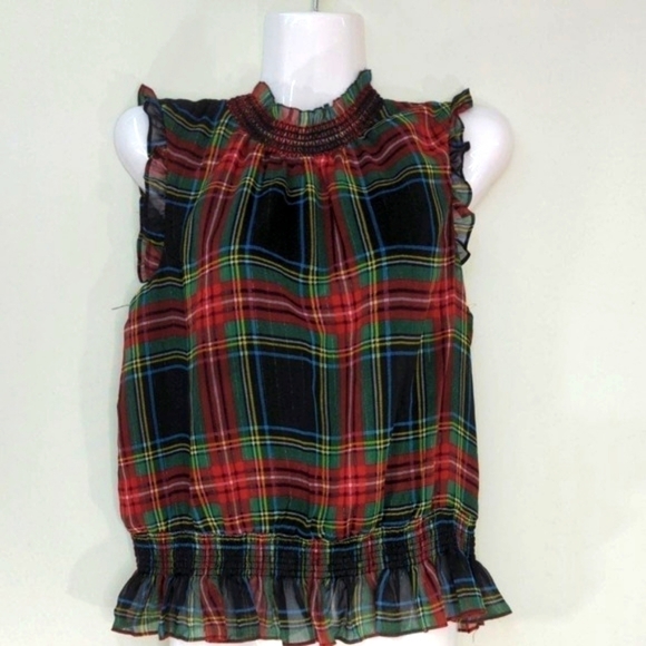 J Crew Women's  Stewart Tartan Plaid Smocked Peplum Top SMALL - Picture 1 of 7